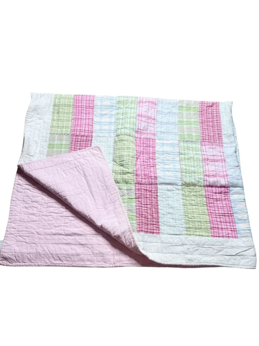 Pottery Barn Kids Twin XL Quilt Plaid Patchwork Pink Green Reversible Bedding